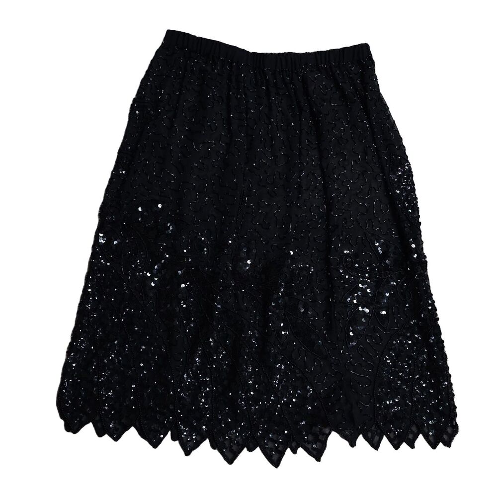 Flapper Style Art Deco inspired vintage beaded semi sheer midi skirt L
